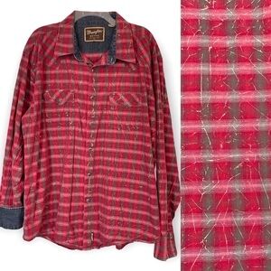 Wrangler Retro Western Shirt Long sleeve snap front plaid print & denim XXL‌‌‌‌